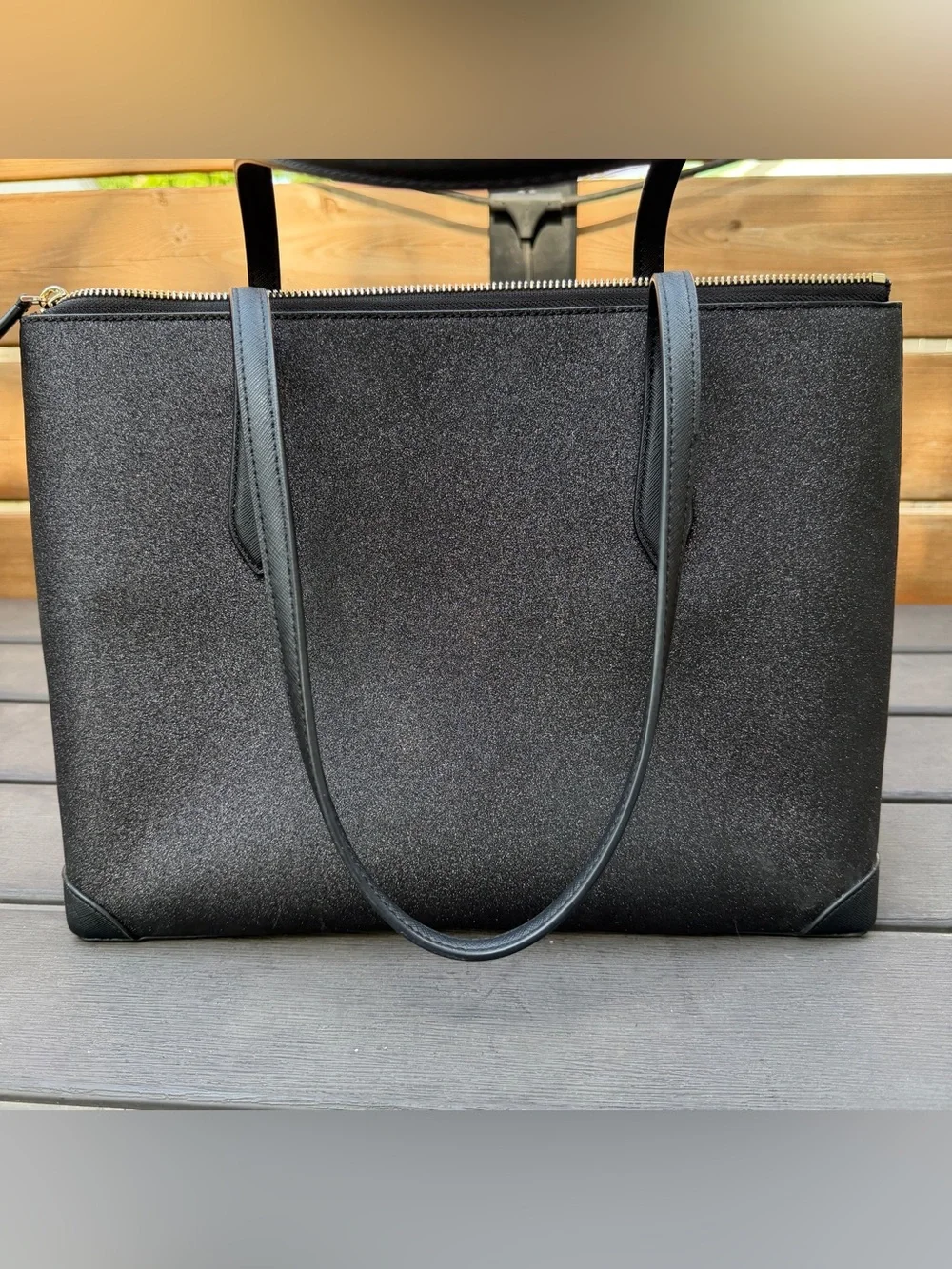 Kate Spade Shimmy Large Tote Black Glitter Zip Top Shoulder Bag Gold Tone
